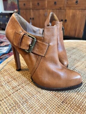 Pura Lopez Brown Leather Ankle Booties Size 40 Spain Stiletto Zip Pointed Toe